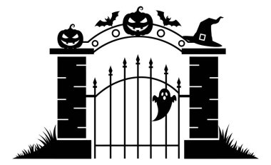 İçinde balkabakları, yarasalar, cadı şapkası ve hayaletle dekore edilmiş bir kapının olduğu siyah beyaz cadılar bayramı resmi. Ürkütücü bir festival sahnesi yaratıyor..