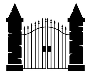 Bir gotik kapının izole edilmiş siyah silueti, beyaz arka planda iki sivri sütun, klasik bir elemente ihtiyaç duyan tasarımlar için mükemmel..