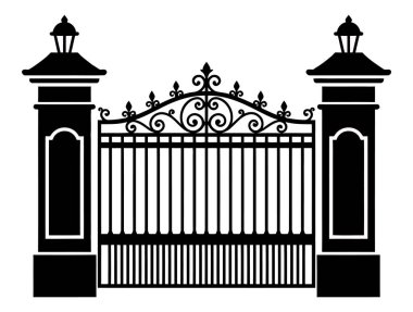 Sütunlu demir kapılı dekoratif bir kapının siyah beyaz çizimi. Kapı kaydırma ve dikey çubuklarla süslenmiştir.