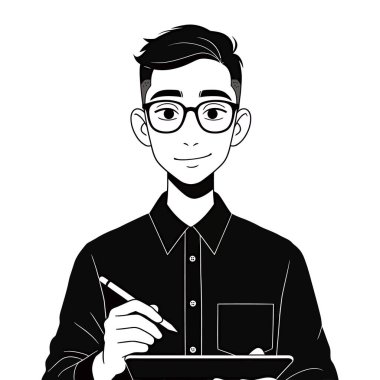 Kalem tutan gözlüklü genç bir adam. Beyaz arkaplanda izole edilmiş vektör illüstrasyonu.