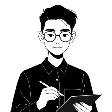 Genç adam akıllı telefon kullanıyor ve defter yazıyor..