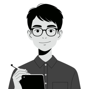 Gözlüklü genç adam ve tablet vektör çizim grafik tasarımı