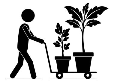 Elinde sepetle bahçede yürüyen bir adamın siyah vektör çizimi.