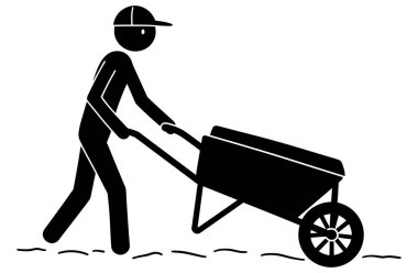 El arabası ikonu olan adam. Web tasarımı için el arabası vektör simgesi olan bir adamın basit çizimi