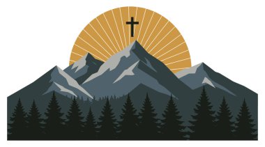 Bir Hristiyan dağ manzarası çizimi, haç ve güneş ışınları ile, dini ve doğa temalı tasarımlar için mükemmel.