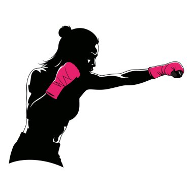 Pembe eldivenli, çarpıcı bir kadın silueti. Güç gösterisi, forma ve dövüş sporları sanatı.