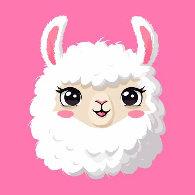 Çocuklar için hoş, tüylü beyaz bir lama çizgi film çizimi. Duvar kâğıdı ve pembe renkli bir arkaplan tasarımı.
