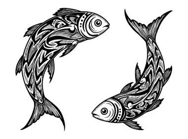 Balık burcu burcu için iki kabile balığı dövmesi tasarımı vektör illüstrasyonu siyah beyaz çizim