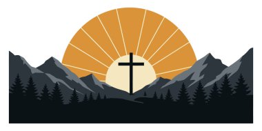 Ağaçlar ve güneş ışınlarıyla kaplı bir dağ manzarasında bir Hristiyan haçı. İnancın 108 'inci tasarımı.