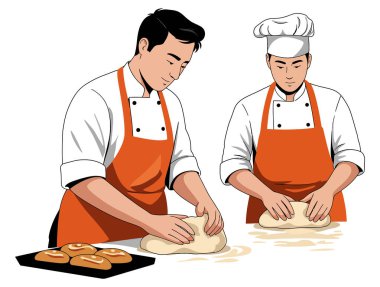 İki fırıncı mutfakta hamur yoğurur, ekmek ve pasta hazırlar, önlük giyer ve şef şapkası takar..