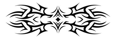 Çarpıcı bir siyah-beyaz vektör illüstrasyonunda simetrik desenler gösteren büyüleyici bir kabile dövmesi tasarımı.