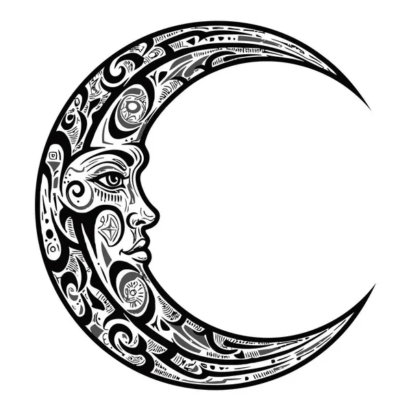 Göksel sanat tasarımları için mükemmel bir yüz ve kabile desenine sahip hilal ayının siyah ve beyaz çizimi.