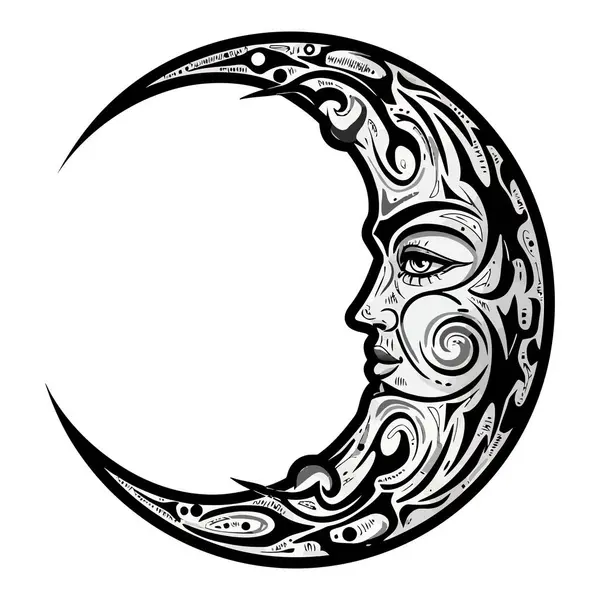 Bir kadının yüzüne sahip hilal şeklindeki bir ayın vektör çizimi dövme tasarımları ya da göksel çizimler için mükemmel.