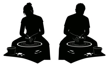 İki siluet, insanların sanatsal yaratıcılık için bir stüdyoda aletler ve suyla tekerlek üzerinde çömlek yarattıklarını gösteriyor.