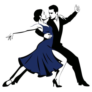 Siyah ve mavi renkli temiz beyaz bir arkaplana karşı dinamik poziyonda bir tango çifti içeren bir vektör çizimi