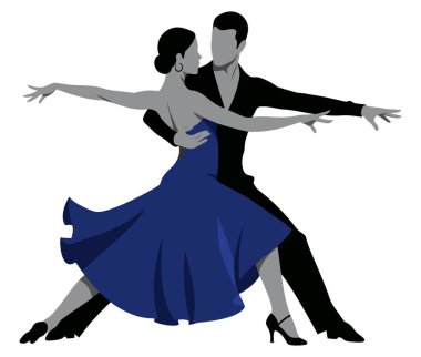 Dans eden bir çiftin, mavi elbiseli bir kadının ve balo dansı pozundaki siyahlı bir adamın stilize edilmiş bir resmi.