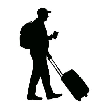 Sırt çantalı bir adamın silueti bavul çekiyor ve elinde bir belge tutuyor. Seyahat macerasına hazır.