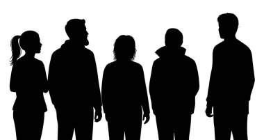 Bir stüdyo çekiminde beyaz bir arkaplan karşısında sıralanmış beş kişilik bir siluet, basit ve temiz bir görüntü.