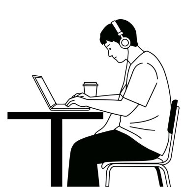 Bilgisayarda çalışan, kulaklıklı ve masada kahve fincanı olan bir adamın basit bir resmi..
