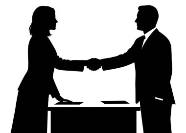 İki iş adamının silueti, başarılı bir anlaşmayı simgeleyen belgelerle el sıkışıyor.