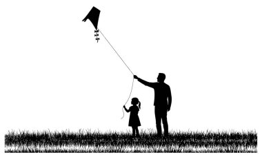 Bir adam ve bir çocuğun silüeti, çimlerin üzerinde uçurtma uçururken, beyaz bir arka plan, basit bir görüntü görüntüsüyle.