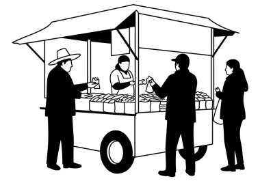 Dışarıdaki tezgahta tekerlekli arabasıyla mal alan müşterileri olan bir yemek satıcısının siyah beyaz çizimi.