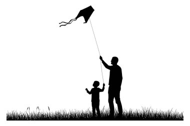 Bir adam ve çocuğun silueti beyaz bir gökyüzüne karşı çimen tarlasında uçurtma uçuruyor. Basit ve minimalist tasarım