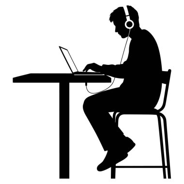 Masada kulaklık takmış, işe odaklanmış ya da internetten ders çalışan bir kişinin silüeti.