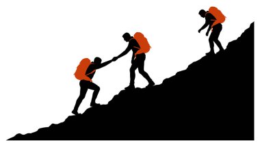 Üç yürüyüşçü beyaz bir arkaplana karşı siluetlenmiş, dik bir dağa tırmanıyorlar, biri diğerine zirveye ulaşmasında yardım ediyor.