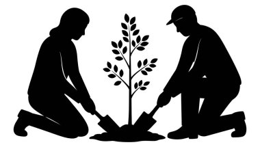 Beyaz bir arka planda yere küreklerle ağaç diken iki kişinin silueti. Basit bir çizim.