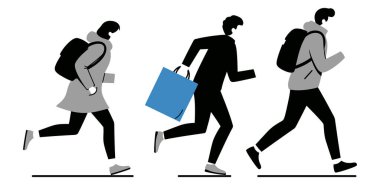 Üç stilize figür basit bir tasarım içinde beyaz bir arka planda bir sırt çantası ve bir alışveriş çantasıyla koşuyor.
