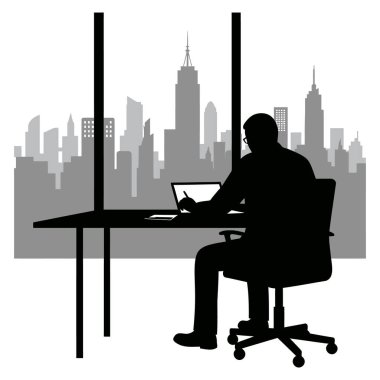 Masada dizüstü bilgisayar kullanan bir kişinin silüeti, arka planda büyük bir pencereden görülebilen bir şehir manzarası.