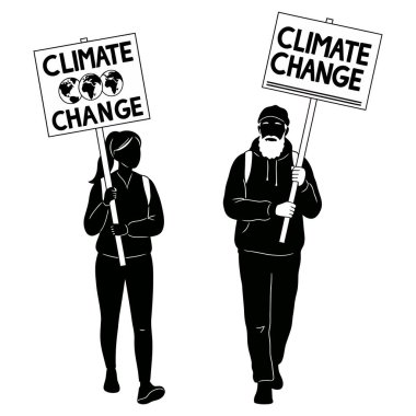 İki kişi iklim değişikliğini protesto ediyor. Siyah-beyaz vektör resim tasarımı tabelaları taşıyorlar.