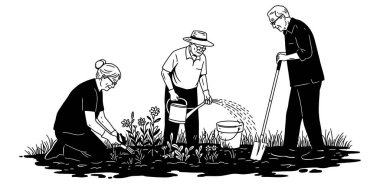 Yaşlı insanları bahçıvanlık yaparken, bitkileri sularken ve bahçede kürek kullanırken gösteren siyah beyaz bir illüstrasyon.