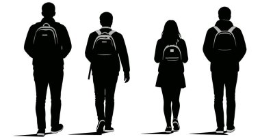 Bir monokrom görüntüsü, arkalarından siluetli, sırt çantalı ve beyaz arka planda yürüyüp giden dört kişiyi gösteriyor.