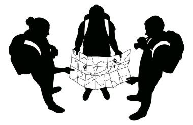 Üç siluetli yürüyüşçü, beyaz bir arka planda sırt çantalarıyla maceralarını planlamak için bir haritaya bakıyor..