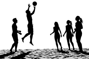 Kumsalda voleybol oynayan bir grup insanın siyah beyaz silueti ve yüksek atlayan bir kişi.