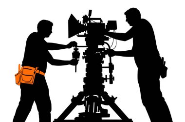 İki siluetli figür, beyaz bir stüdyo arka planına karşı, turuncu bir alet kemeriyle üç ayaklı bir kamerayı çalıştırıyor..