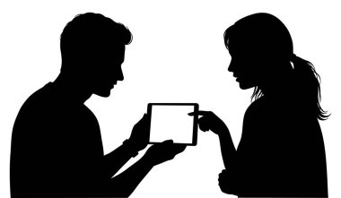 Beyaz arkaplan görüntüsünde boş bir ekranla tablete bakan bir erkek ve kadının silueti