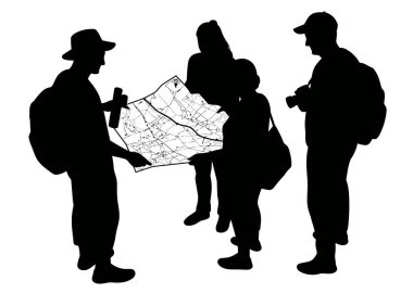 Haritaya bakan, sırt çantalı ve şapkalı insanların silueti beyaz bir arka plana karşı, güzergahlarını planlıyorlar.