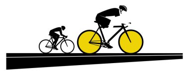 Siyah bir yolda minimalist tarzda sarı tekerlekleri olan iki bisikletçinin bisiklet sürüşünü gösteren bir illüstrasyon.