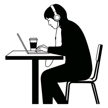 Laptopta çalışan, kulaklıklı ve masada kahve fincanı olan birinin siyah-beyaz çizimi.