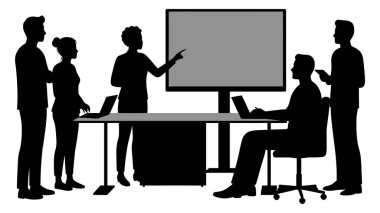 Bir iş toplantısının silüeti. Ekran etrafında toplanan insanlar ve dizüstü bilgisayarlar kurumsal bir sunum ayarında.