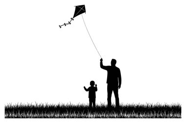 Bir baba ve çocuğun silueti, bir çimen tarlasında uçurtma uçururken beyaz arka planda, basit bir sahne görüntüsü.