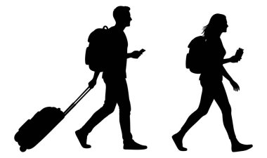 Beyaz bir arka planda izole edilmiş, bavul ve sırt çantalarıyla yürüyen bir kadın ve erkeğin siluetleri.