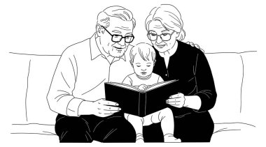 Torunlarına kanepede otururken kitap okuyan dedelerin siyah beyaz çizimi.