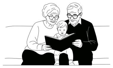 Siyah beyaz bir çizgi, torununa sevgiyle ve özenle kitap okuyan bir büyükanne ve büyükbabayı gösteriyor.