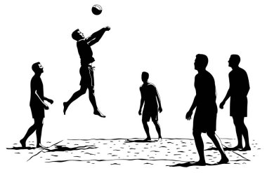 Sahilde voleybol oynayan erkeklerin tek renkli bir çizimi. Bir oyuncu havaya zıplayarak topa vuruyor.
