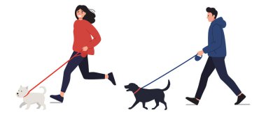 Beyaz bir köpekle koşan bir kadın ve siyah bir köpekle yürüyen bir adam beyaz bir arka plan görüntüsüne karşı dizginler.