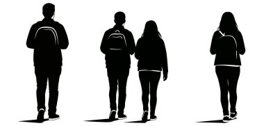 Siyah ve beyaz resim, sırt çantalı öğrencilerin siluetlerini gösteriyor. Beyaz arka planda, minimal bir şekilde yürüyüp gidiyorlar.